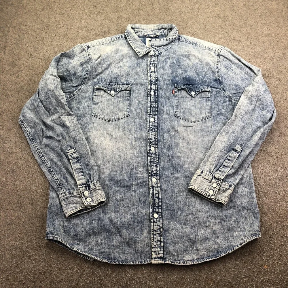 Levis Shirt Mens XL Blue Denim Long Sleeve Western Snap Button Up Casual